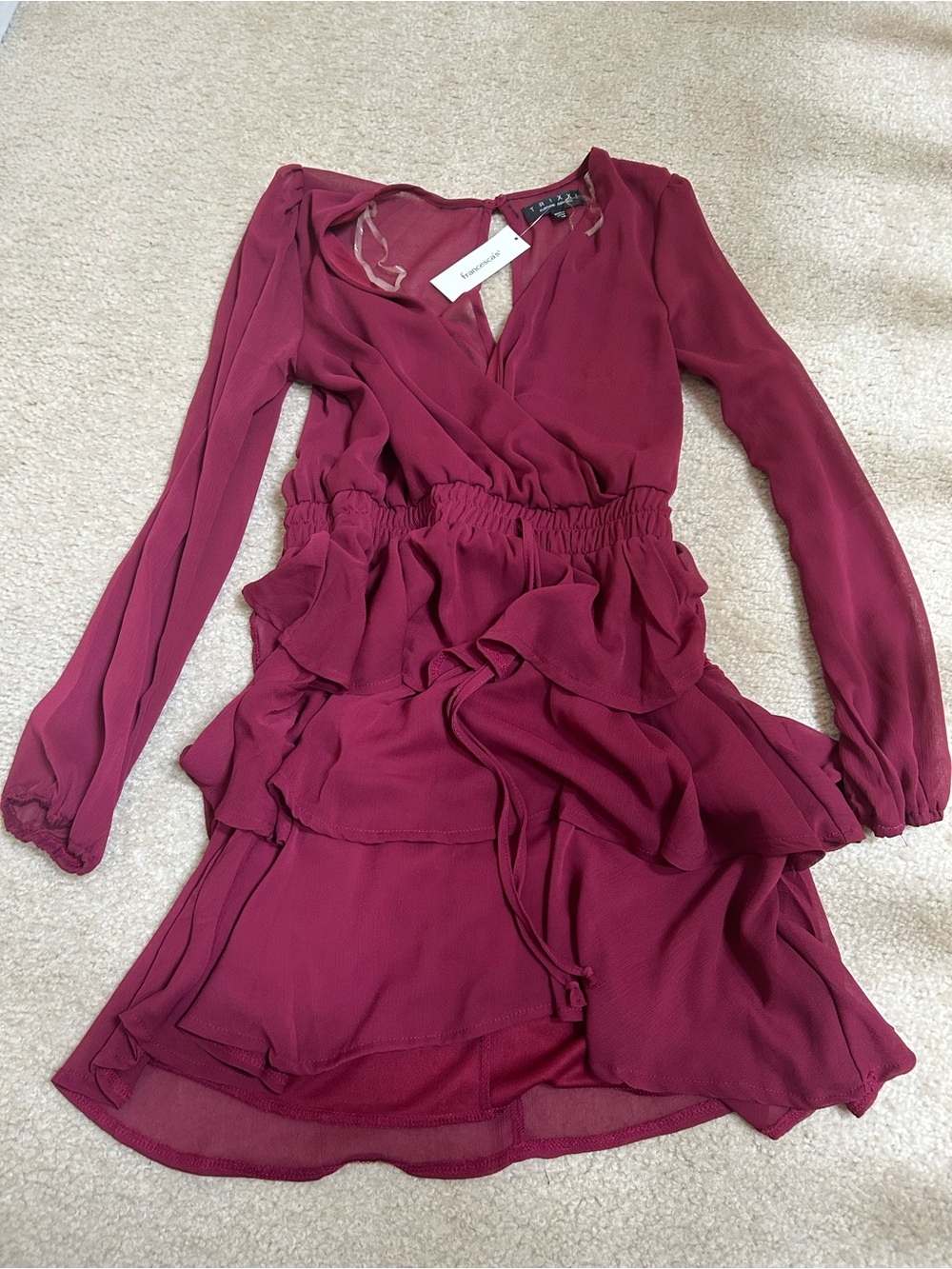 Trixxi Francesca’s Women’s Burgundy Long-Sleeve Ruffle Wrap Dress